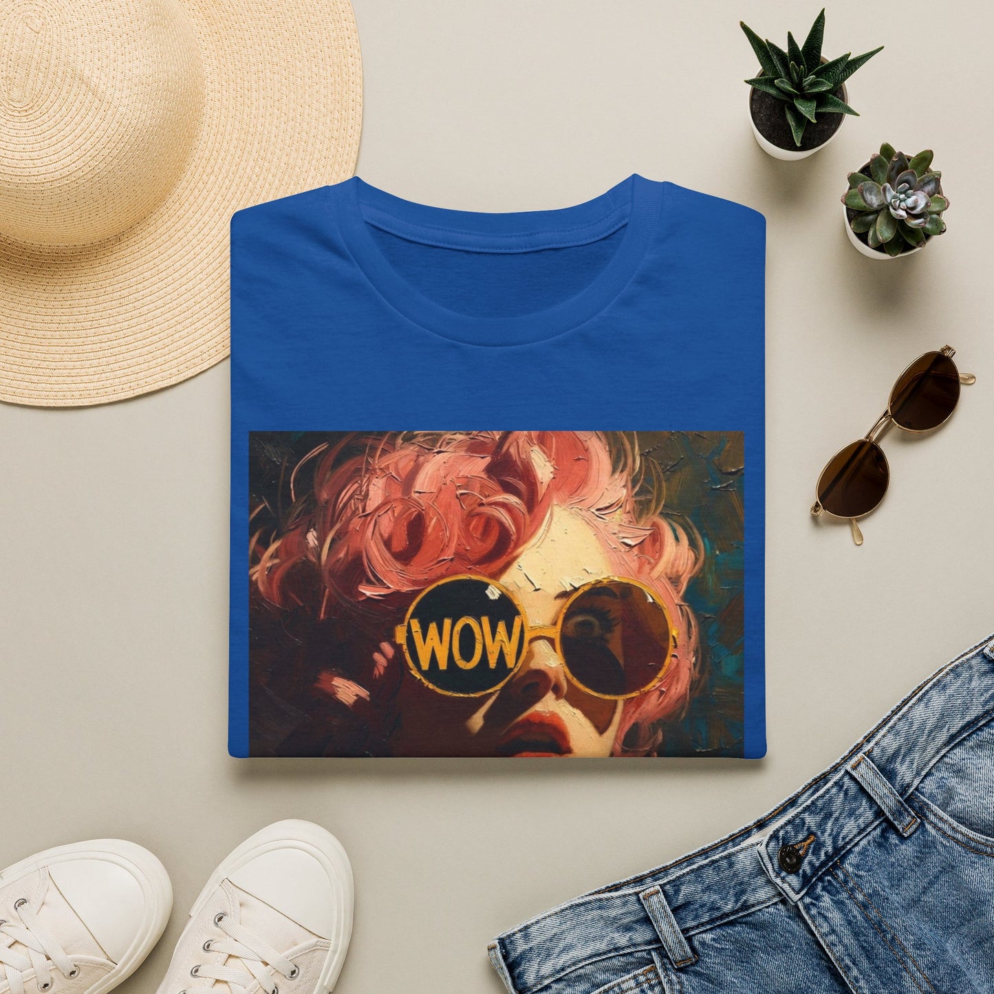 Retro Pink-Haired Woman with WOW Sunglasses T-Shirt | Pop Art Graphic Tee