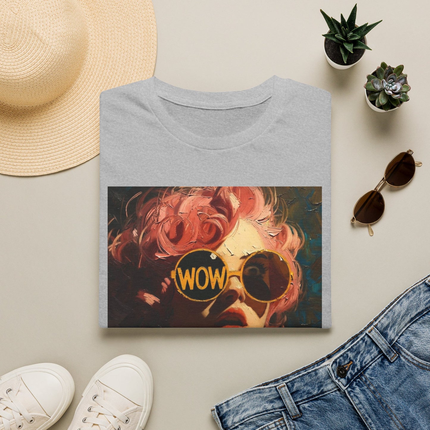 Retro Pink-Haired Woman with WOW Sunglasses T-Shirt | Pop Art Graphic Tee