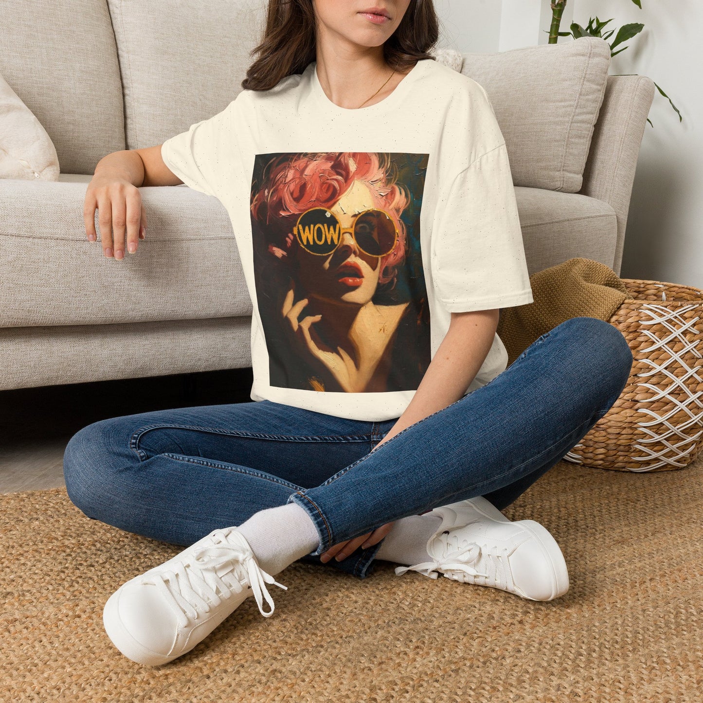 Retro Pink-Haired Woman with WOW Sunglasses T-Shirt | Pop Art Graphic Tee
