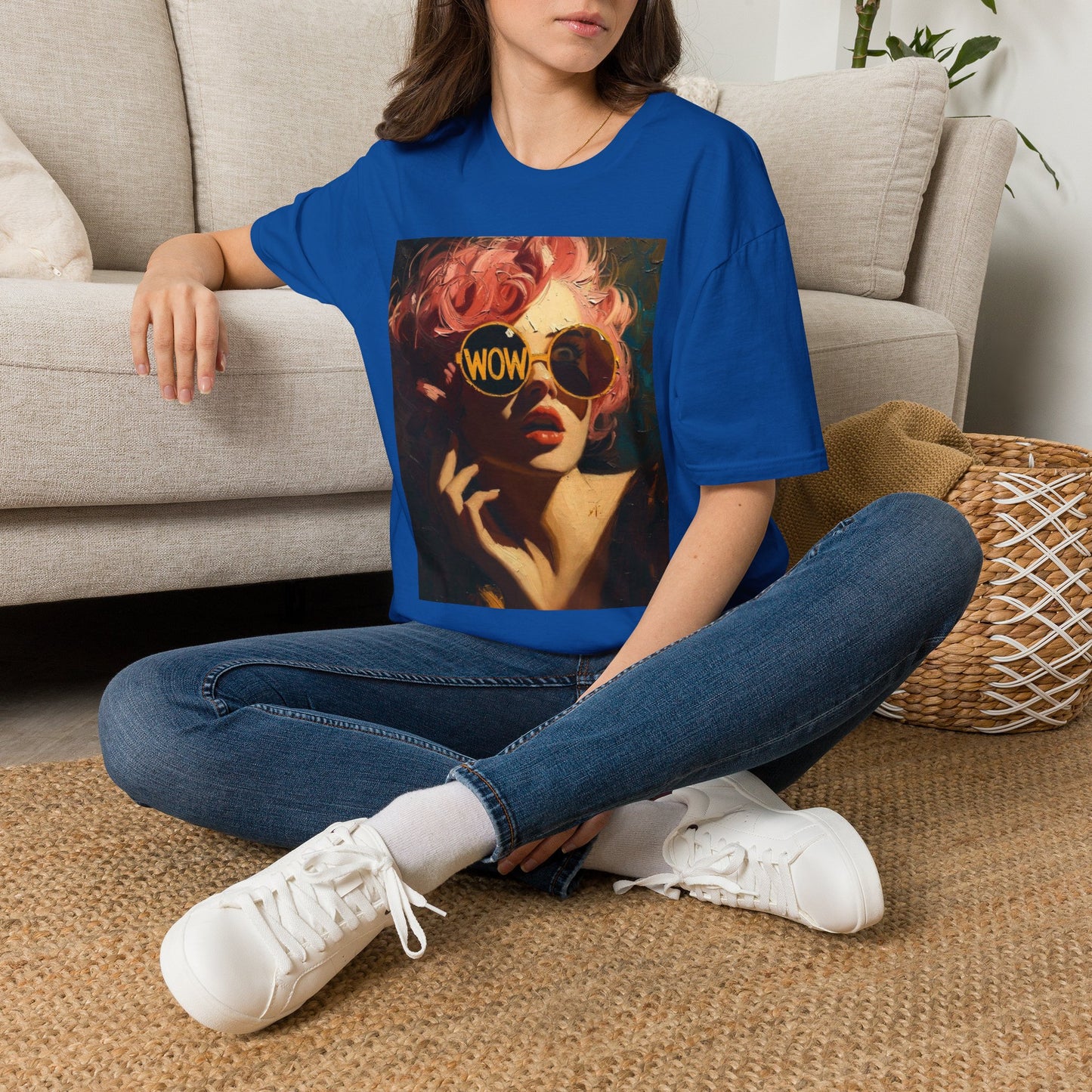 Retro Pink-Haired Woman with WOW Sunglasses T-Shirt | Pop Art Graphic Tee