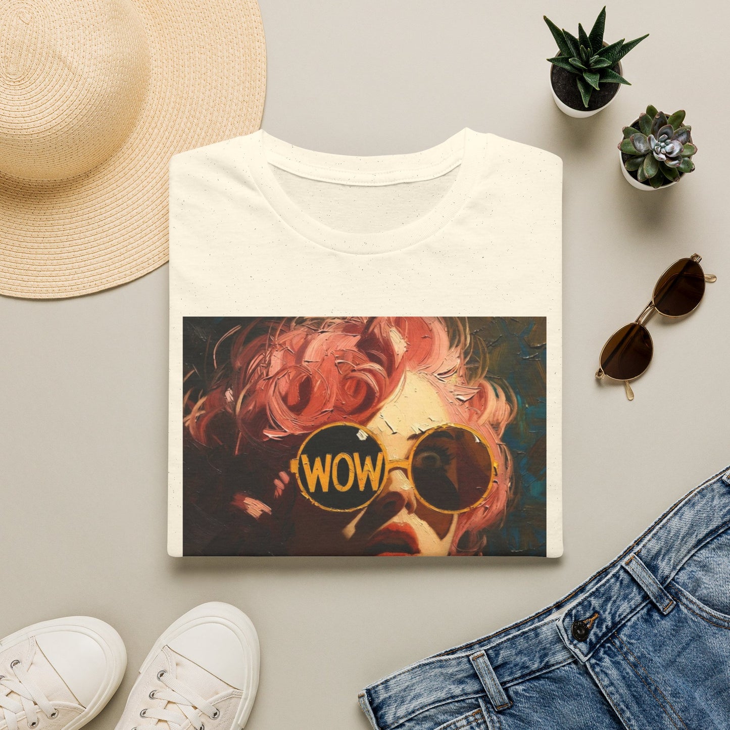 Retro Pink-Haired Woman with WOW Sunglasses T-Shirt | Pop Art Graphic Tee