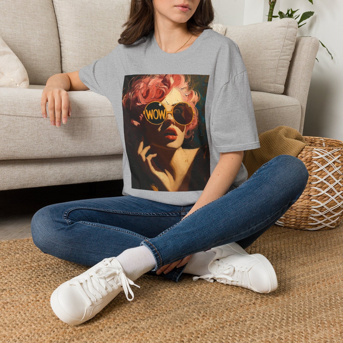 Retro Pink-Haired Woman with WOW Sunglasses T-Shirt | Pop Art Graphic Tee