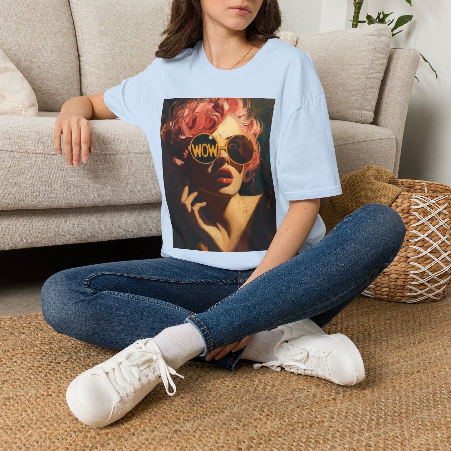 Retro Pink-Haired Woman with WOW Sunglasses T-Shirt | Pop Art Graphic Tee