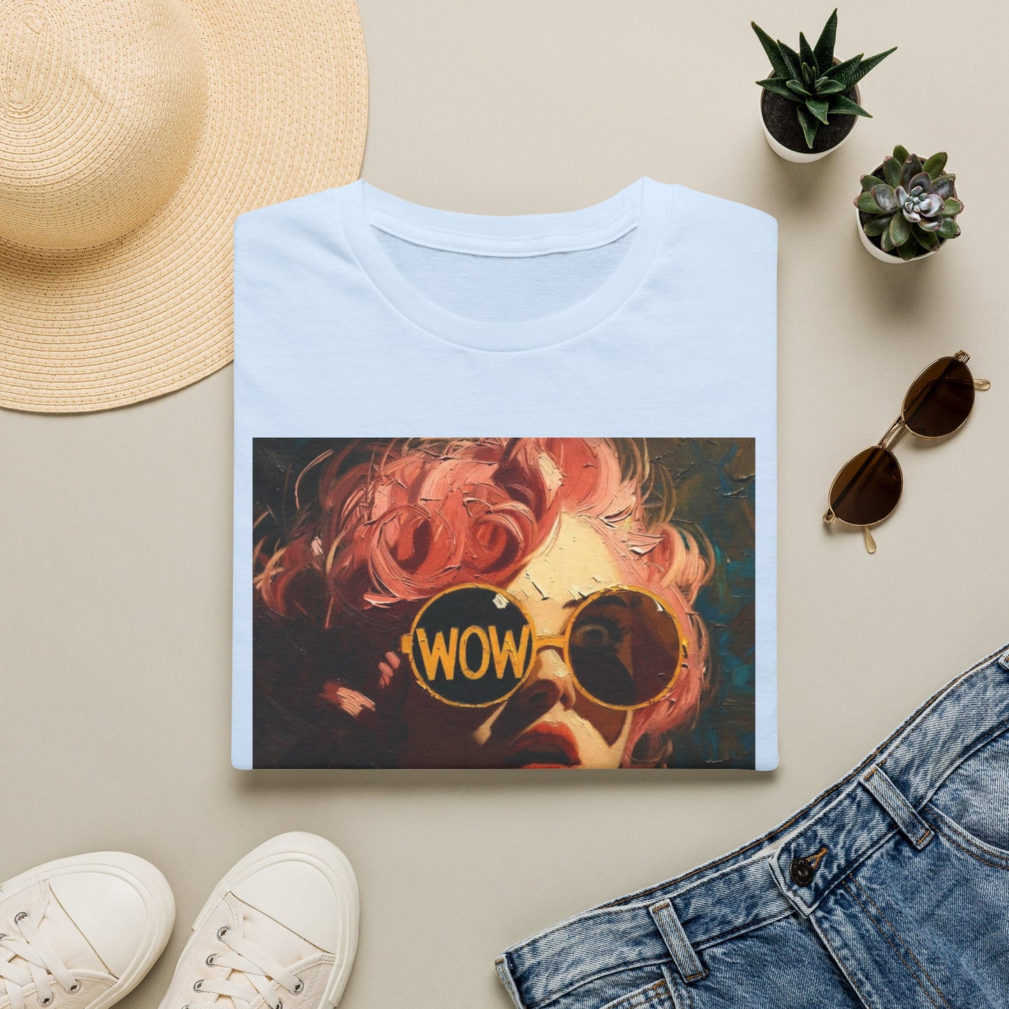 Retro Pink-Haired Woman with WOW Sunglasses T-Shirt | Pop Art Graphic Tee