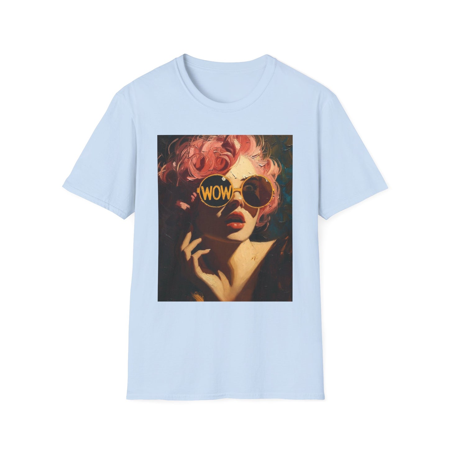 Retro Pink-Haired Woman with WOW Sunglasses T-Shirt | Pop Art Graphic Tee