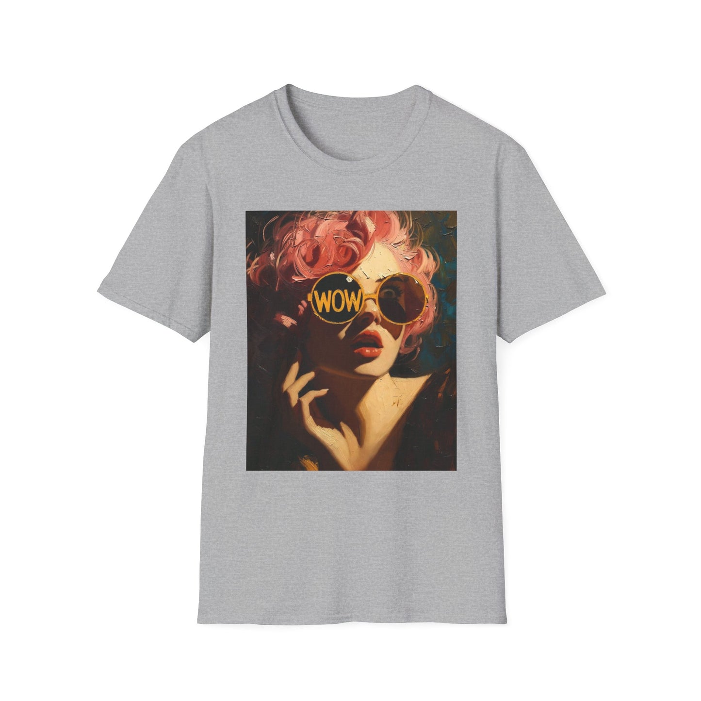 Retro Pink-Haired Woman with WOW Sunglasses T-Shirt | Pop Art Graphic Tee