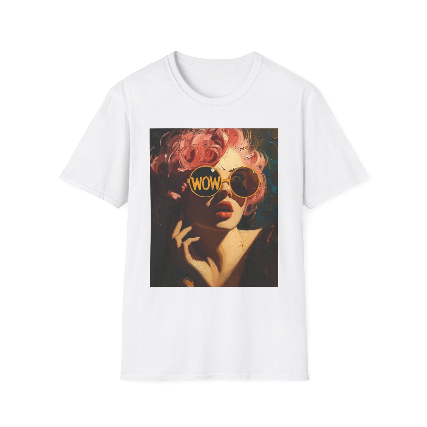 Retro Pink-Haired Woman with WOW Sunglasses T-Shirt | Pop Art Graphic Tee